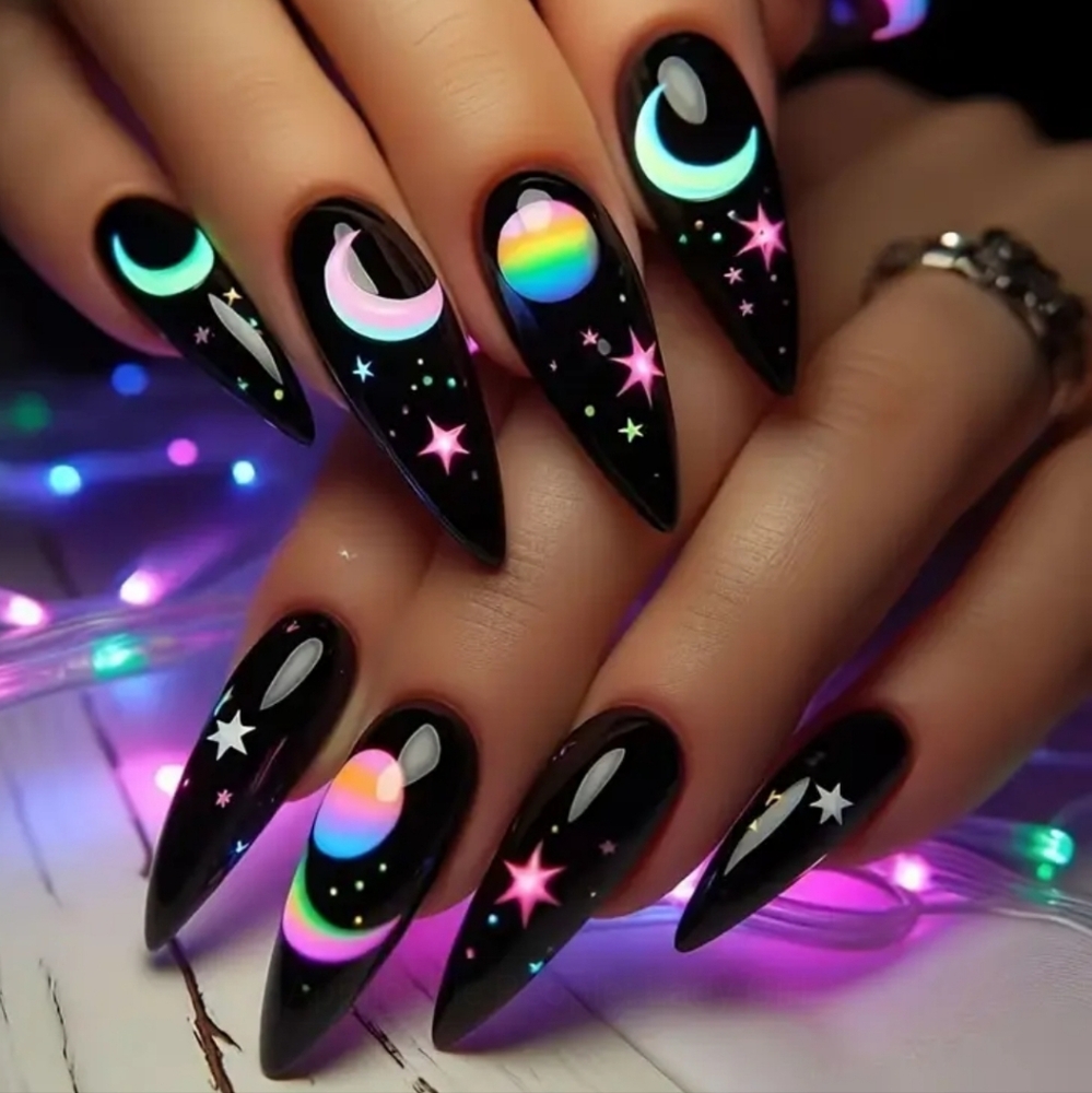 Glossy Black Reusable Press On Nails W/Neon Moons & Stars Designs (OS)